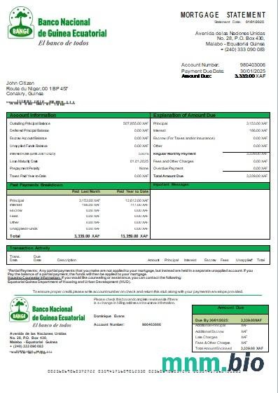 Gwinea Równikowa Bank Narodowy wyciąg z kredytu hipotecznego szablon Word i PDF